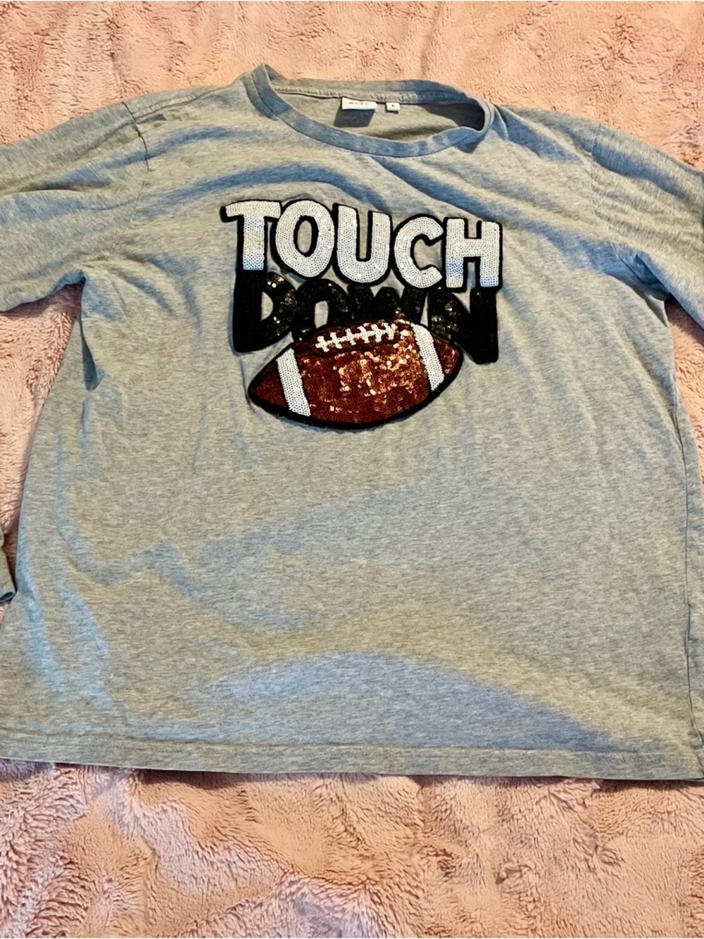 Bling Gogo Touch Down Sequin Football Long Sleeve Tee Gray Women’s Large